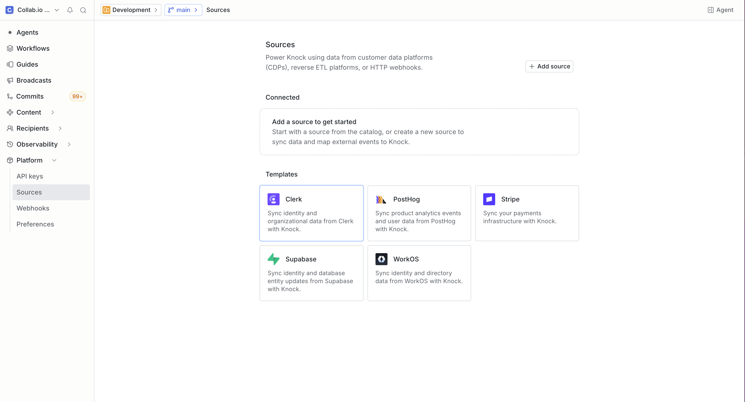 The Sources page in the Knock dashboard with the Clerk template highlighted